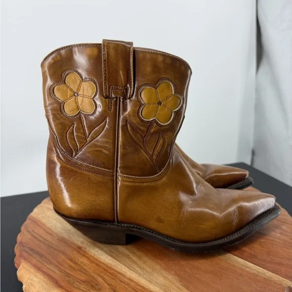 vintage flower inlay ankle western boots brown leather short cowgirl boho sz 7.5 - Picture 2 of 10